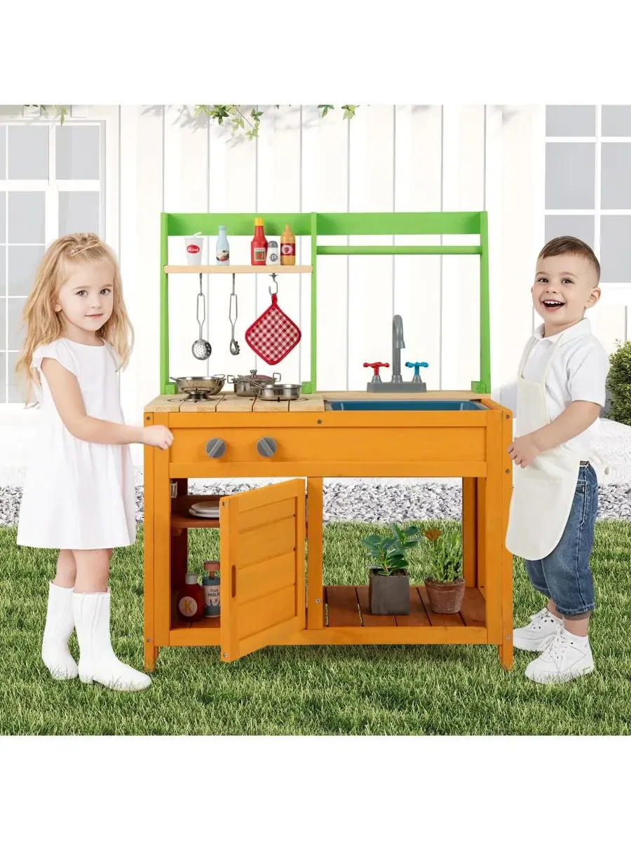 Деревянный игровой набор для игр на открытом воздухе: кухня из грязи, раковина, плита и аксессуары — изображение 7 из 10