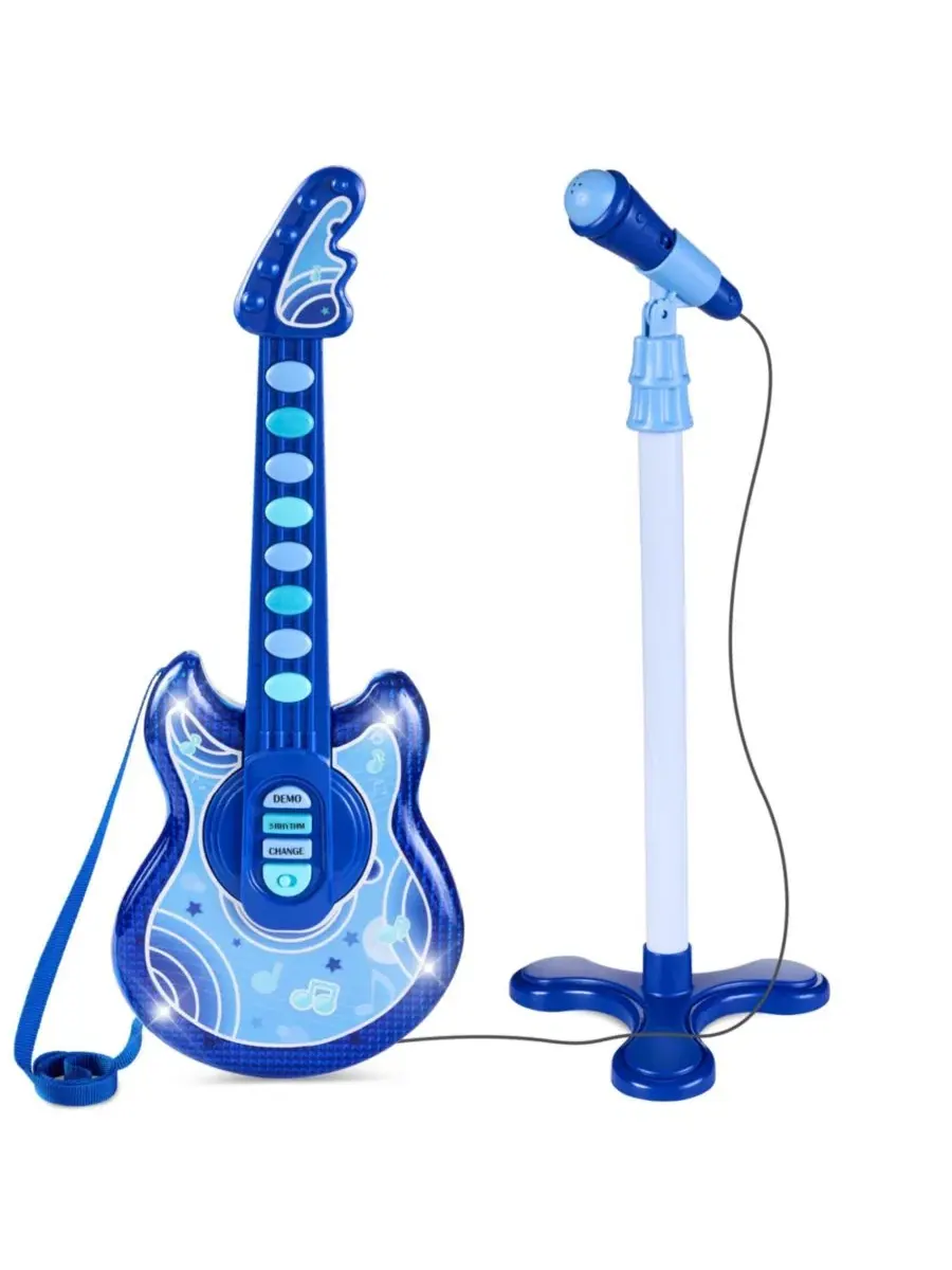Детская гитара Flash Guitar 48 см , музыкальный инструмент для ролевых игр для малышей с микрофоном — синий