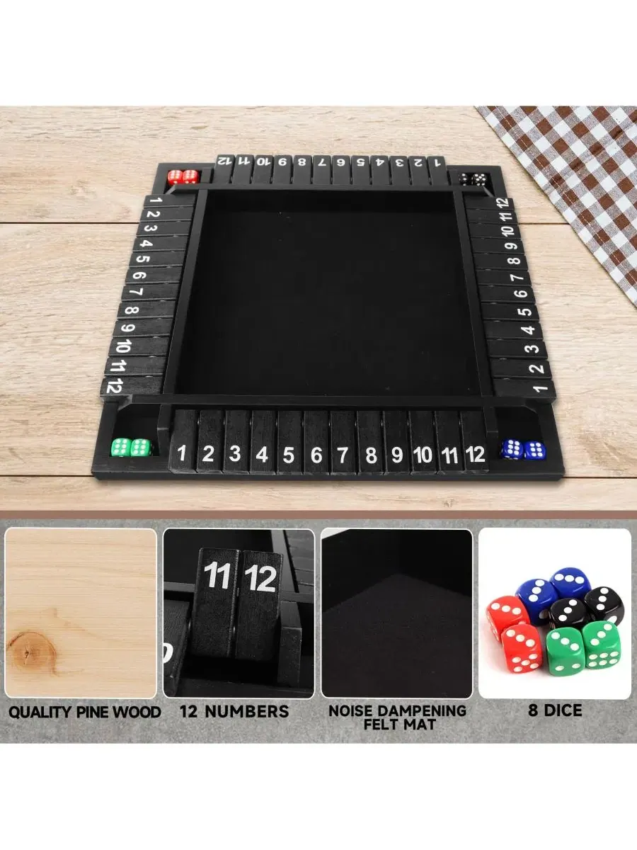 Настольная игра Shut the Box 4-в-1 из сосны, 12 номеров, 8 кубиков GSE Games & Sports Expert — изображение 2 из 6, черный