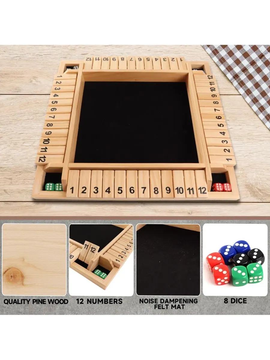 Настольная игра Shut the Box 12 номеров, 4 игрока, деревянная, 8 кубиков GSE Games & Sports Expert — изображение 2 из 6