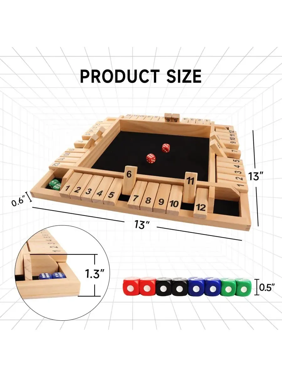 Настольная игра Shut the Box 12 номеров, 4 игрока, деревянная, 8 кубиков GSE Games & Sports Expert — изображение 3 из 6