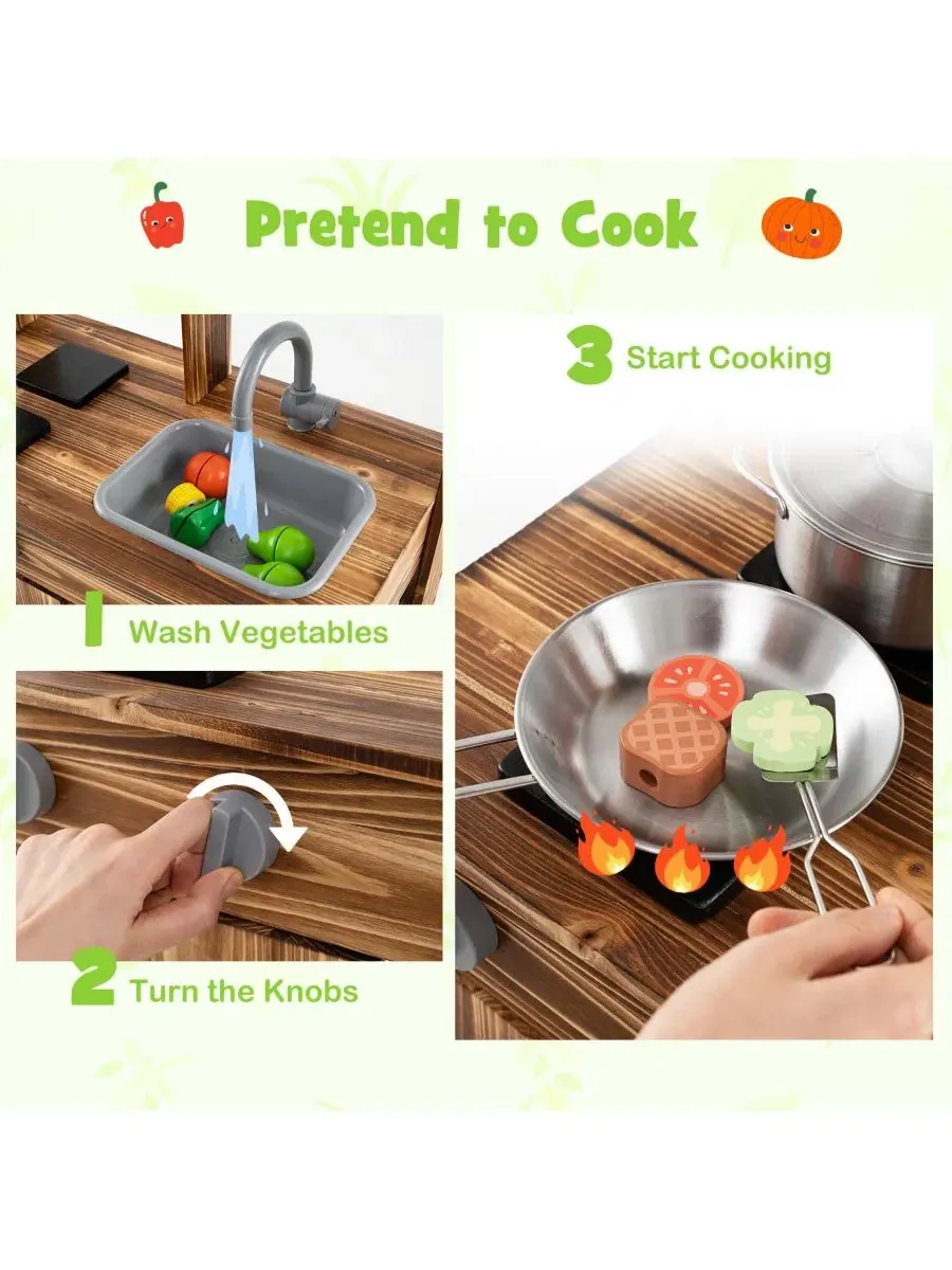 Игровая кухня из еловой древесины с 4 горшочками для мытья посуды, краном и съемной раковиной — изображение 7 из 8