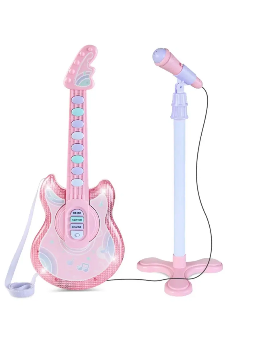 Детская гитара Flash Guitar 48 см , музыкальный инструмент для ролевых игр для малышей с микрофоном — розовый