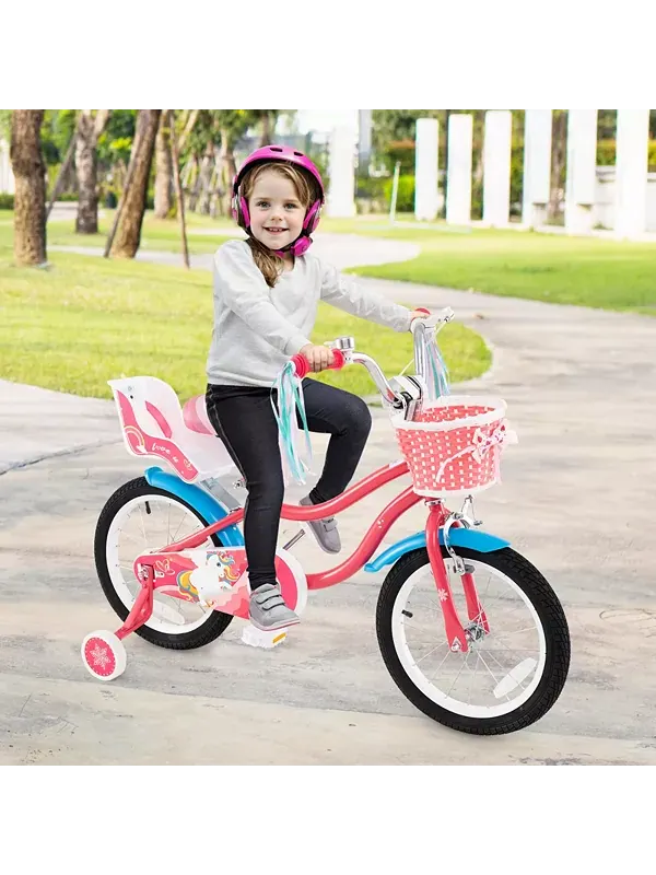 Велосипед для девочек 4-7 лет, детский велосипед с сиденьем для куклы и тренировочными колесами — изображение 2 из 4, розовый