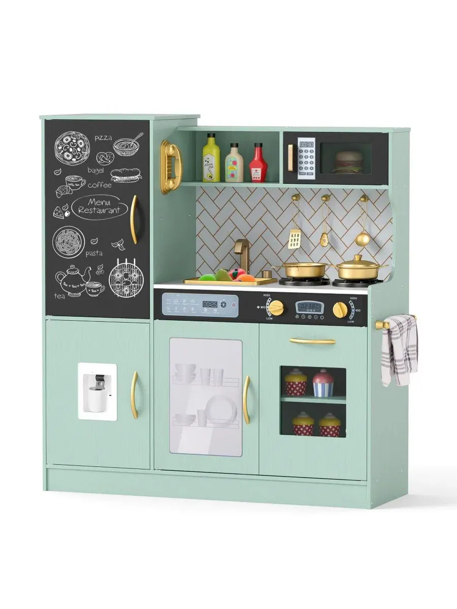 Игровой кухонный набор с доской для рисования мелом, духовкой, раковиной, занавеской, микроволновой — зеленый