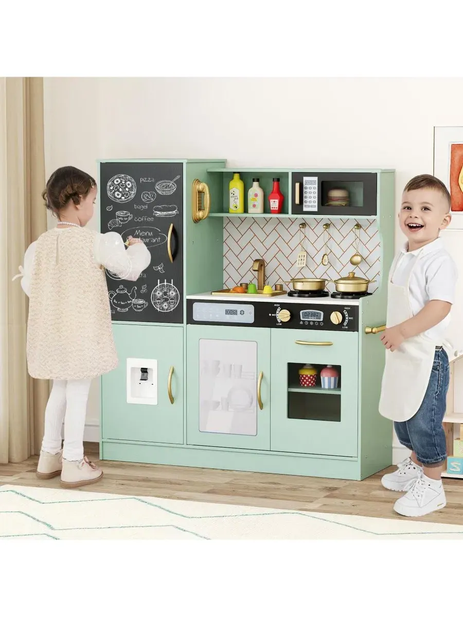 Игровой кухонный набор с доской для рисования мелом, духовкой, раковиной, занавеской, микроволновой — изображение 3 из 10