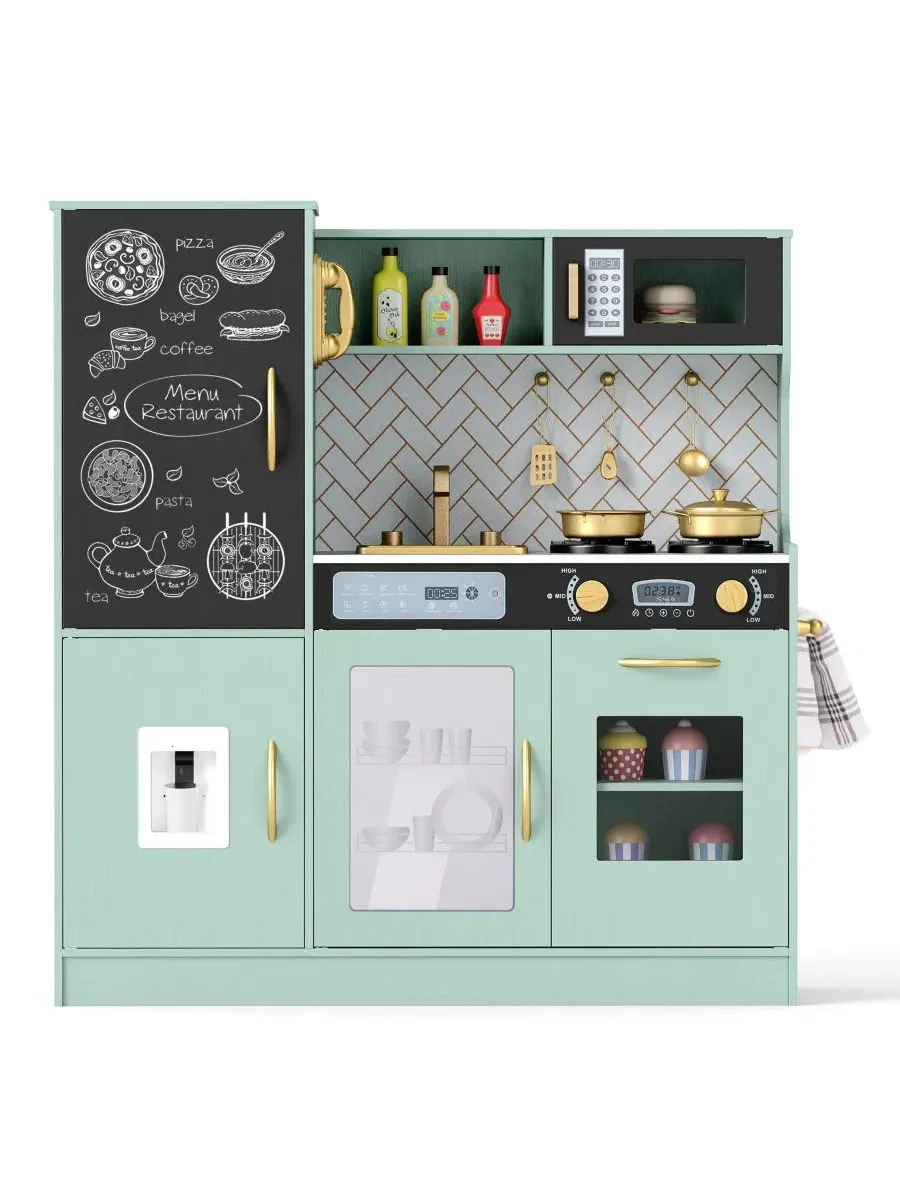 Игровой кухонный набор с доской для рисования мелом, духовкой, раковиной, занавеской, микроволновой — изображение 7 из 10