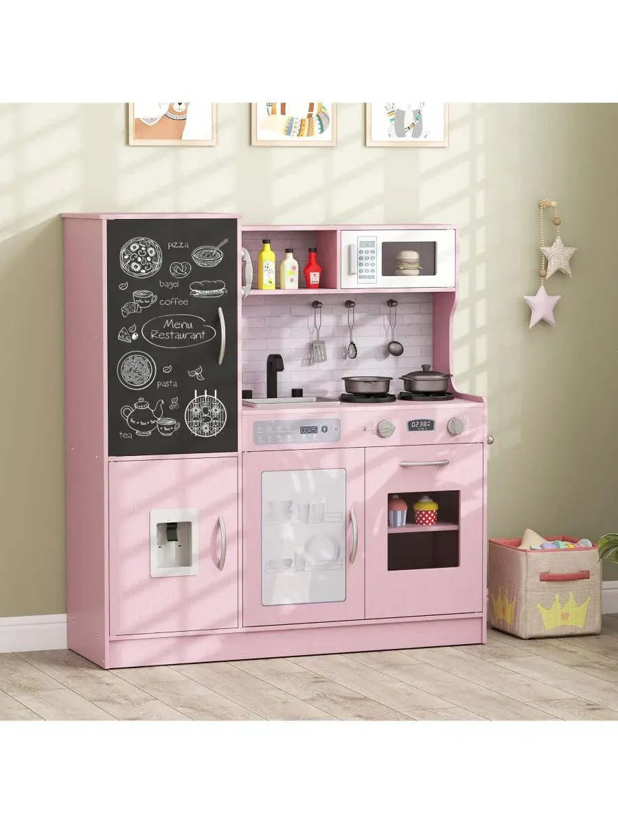 Игровой кухонный набор с доской для рисования мелом, духовкой, раковиной, занавеской, микроволновой — изображение 9 из 10
