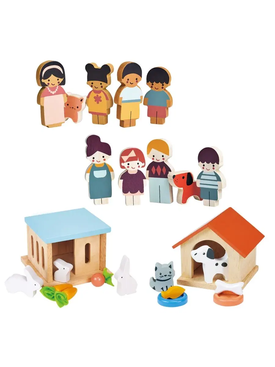Набор деревянных кукол с домашними животными Doll Family and Pets Bundle Mentari Toys — мульти