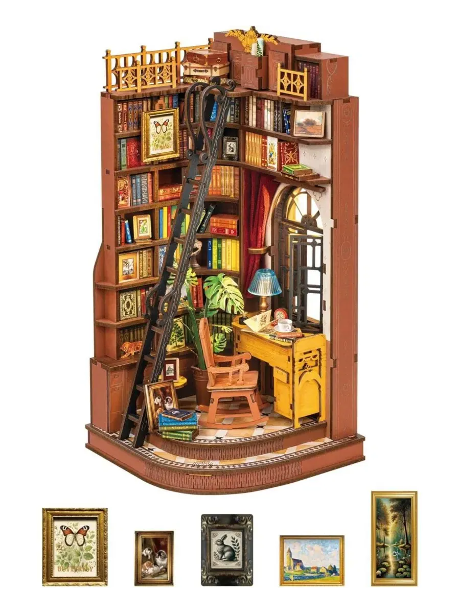 3D-конструктор Book Nook Kit, миниатюрный книжный шкаф Robotime — мульти