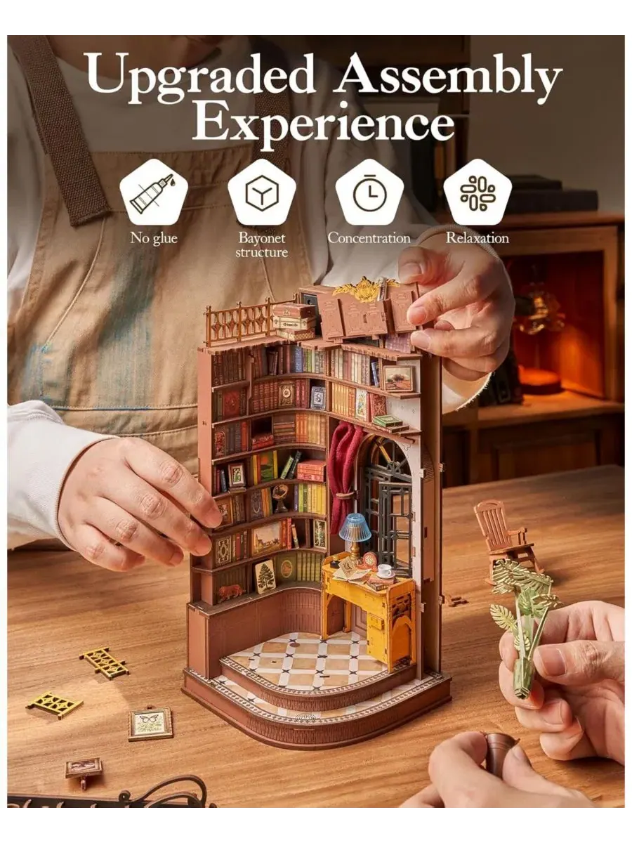 3D-конструктор Book Nook Kit, миниатюрный книжный шкаф Robotime — изображение 4 из 6, нет цвета