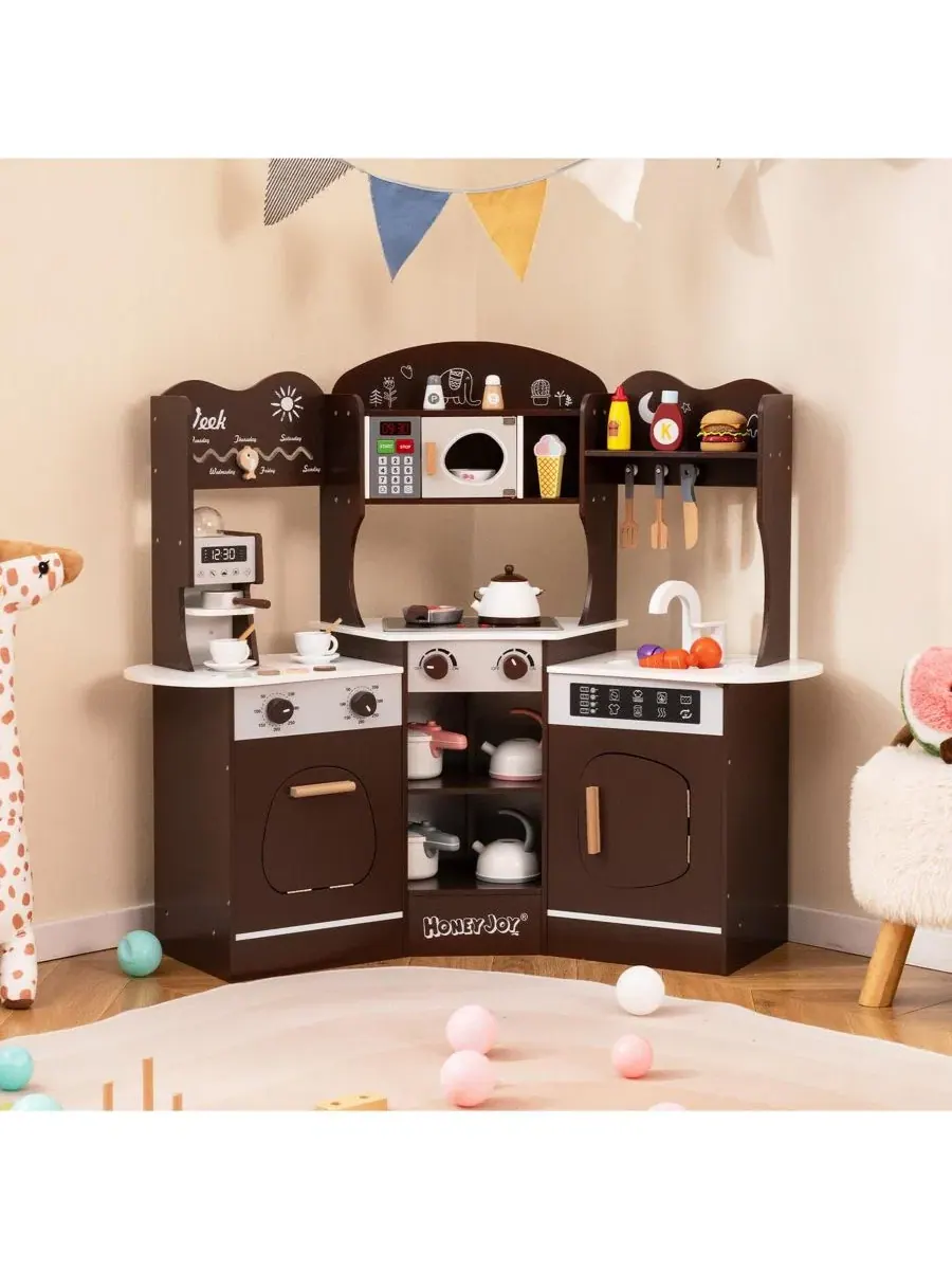 Угловая деревянная игровая кухня с кофемашиной и горкой для детей Mecale — изображение 2 из 9, коричневый
