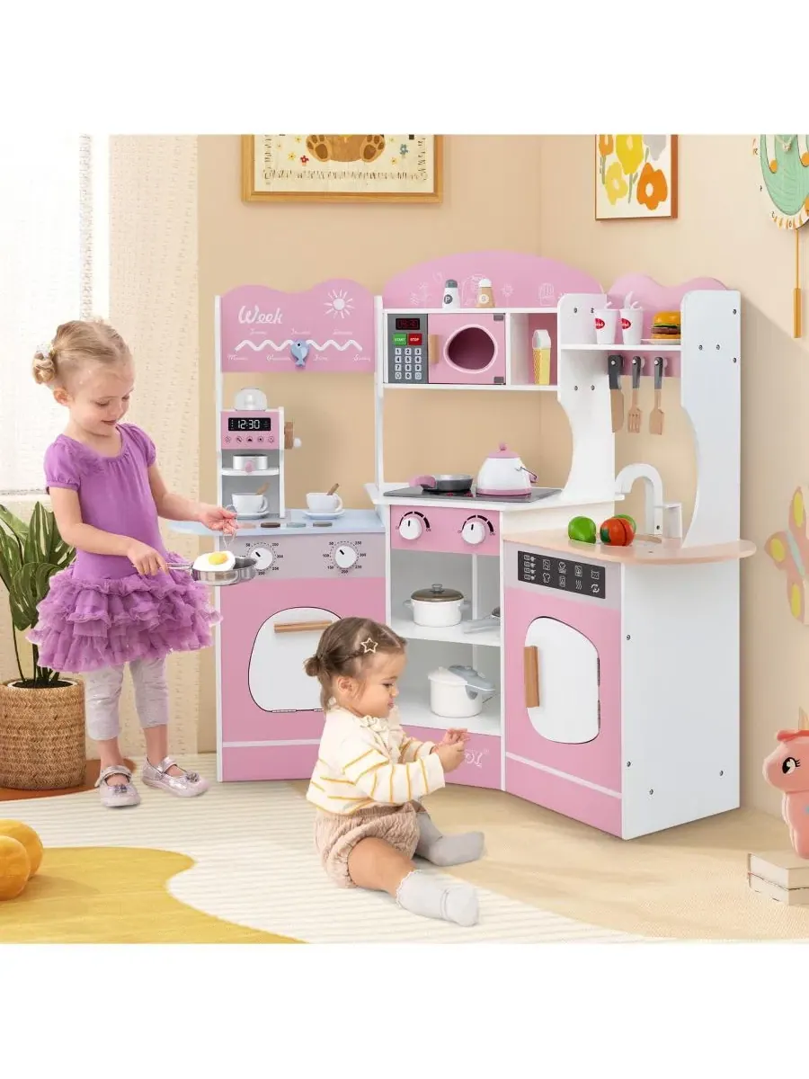 Угловая деревянная игровая кухня с кофемашиной и горкой для детей Mecale — изображение 9 из 9, розовый