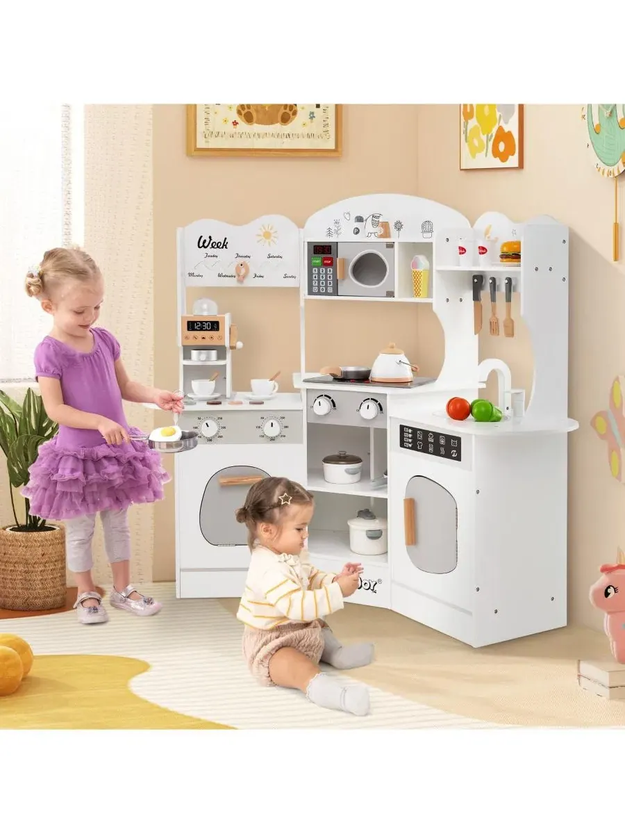 Угловая деревянная игровая кухня с кофемашиной и горкой для детей Mecale — изображение 9 из 9, белый