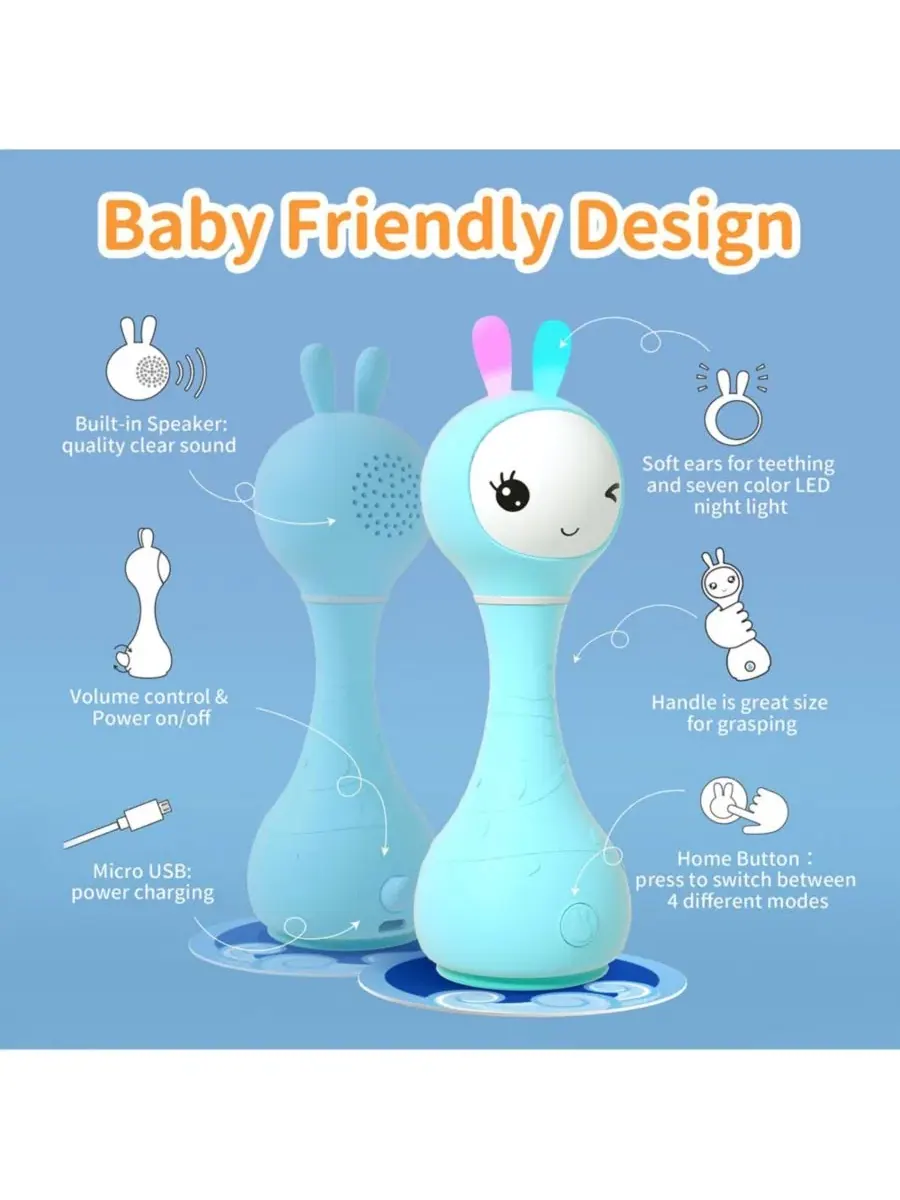 Музыкальная погремушка Smarty Bunny для малышей - светящаяся развивающая и сенсорная игрушка с — изображение 4 из 7, синий