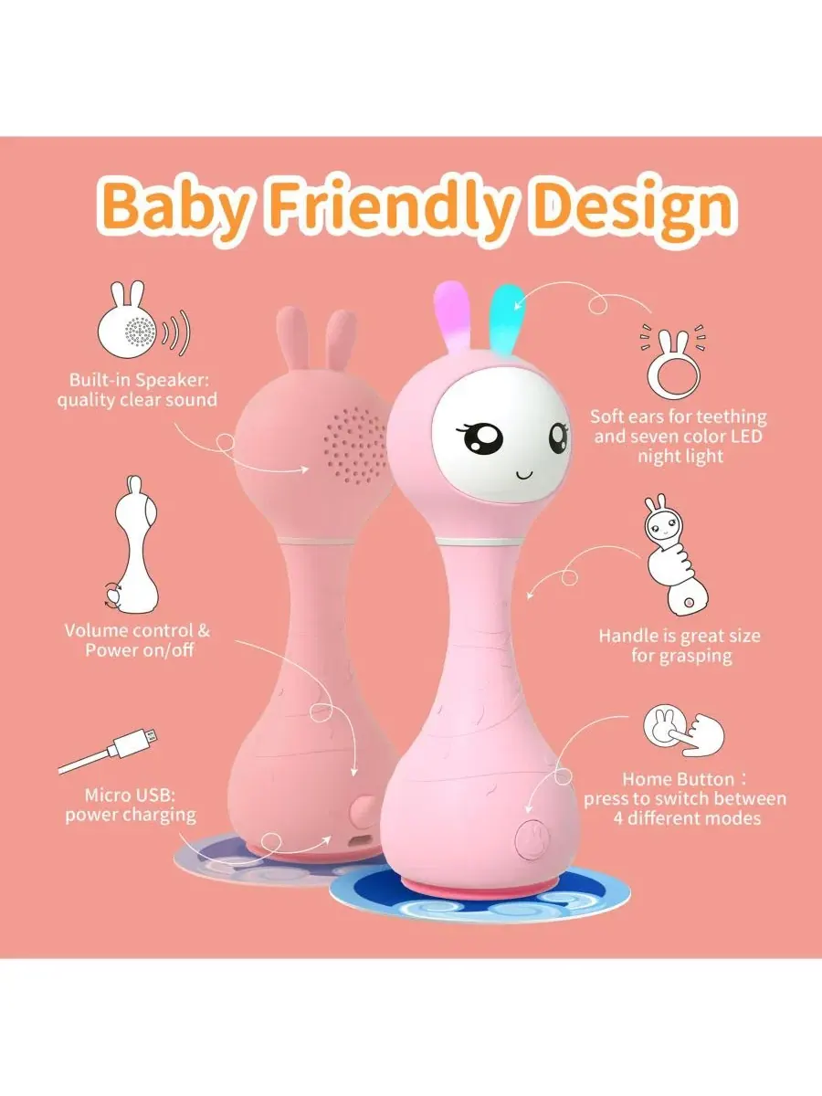 Музыкальная погремушка Smarty Bunny для малышей - светящаяся развивающая и сенсорная игрушка с — изображение 6 из 7, розовый