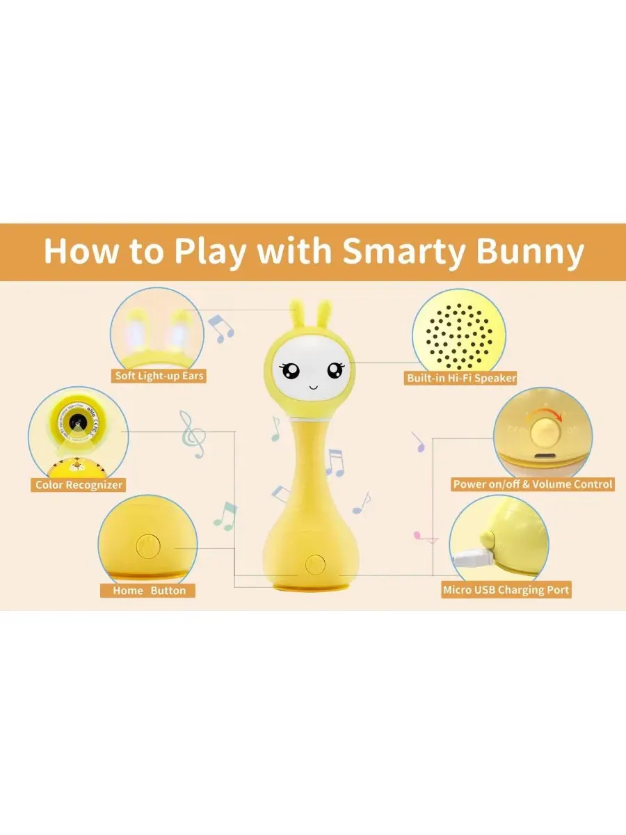 Музыкальная погремушка Smarty Bunny для малышей - светящаяся развивающая и сенсорная игрушка с — изображение 3 из 5, желтый