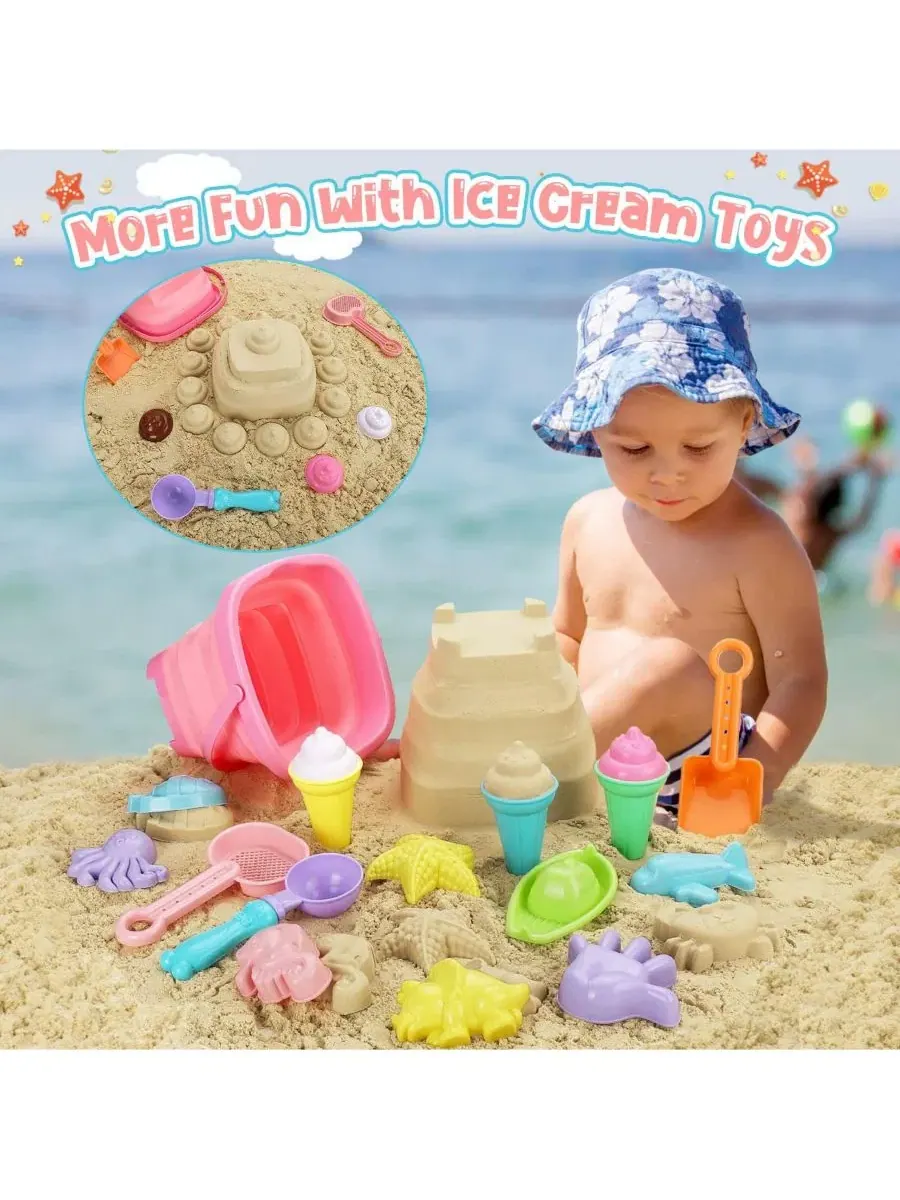 Набор для пляжа из 24 предметов с ведерком и формочками Ice Cream Toys GNUADZ — изображение 4 из 4, кремовый