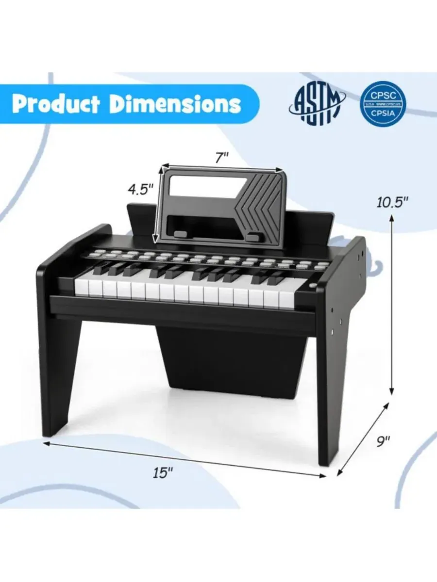 Детское пианино с 25 клавишами, регулируемой скоростью и громкостью Hongge — изображение 3 из 9, черный