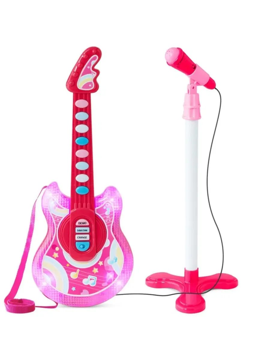 Детская гитара Flash Guitar 48 см , музыкальный инструмент для ролевых игр для малышей с микрофоном — розовый