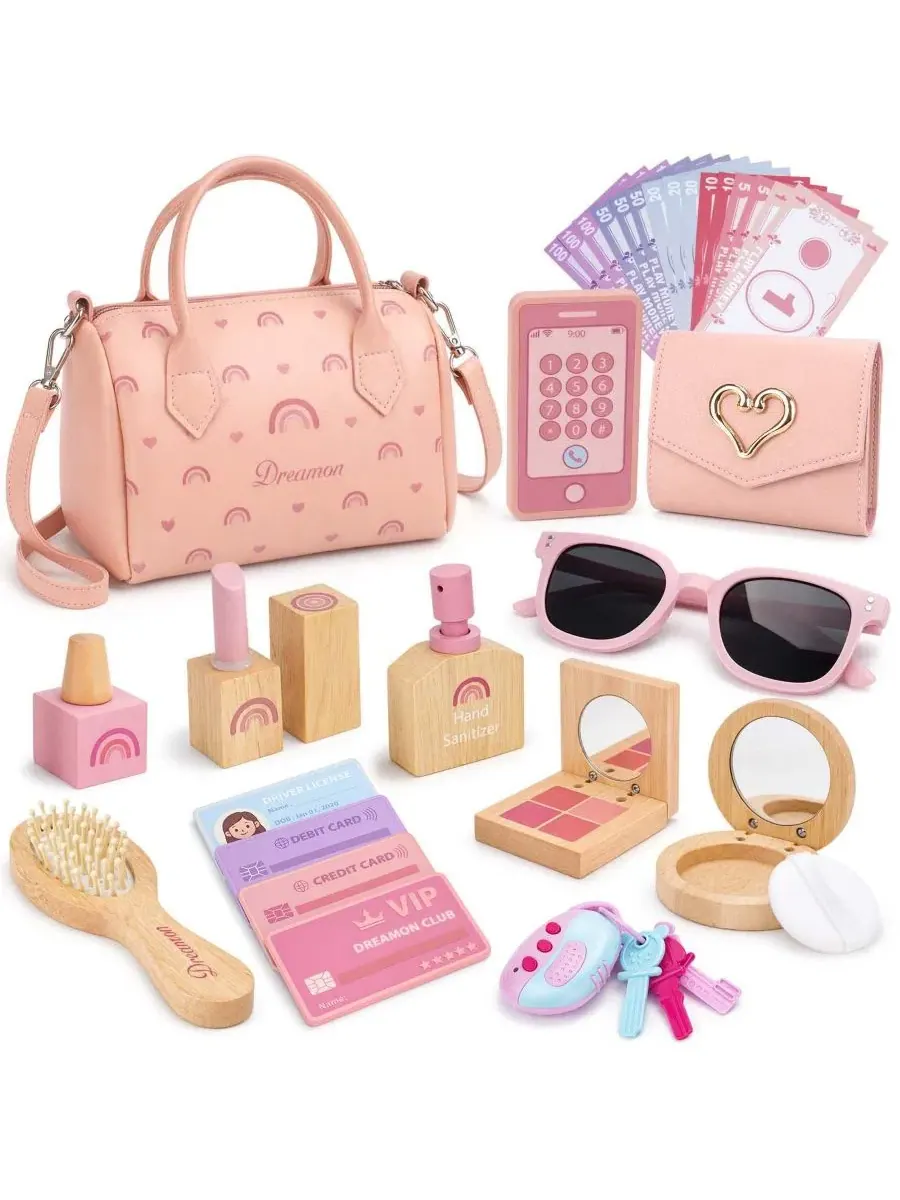 Игровой набор сумочка и кошелек с деревянной косметикой, 30 предметов
