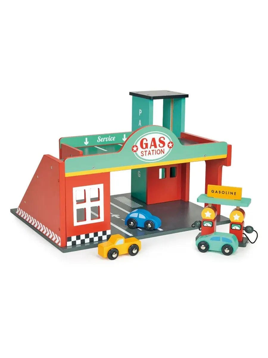 Деревянная парковка с заправкой и сервисом, с 3 машинками, Gas Station Mentari Toys — мульти