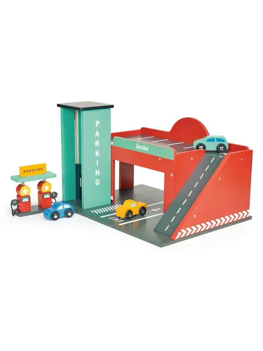 Деревянная парковка с заправкой и сервисом, с 3 машинками, Gas Station Mentari Toys — изображение 2 из 5, мульти