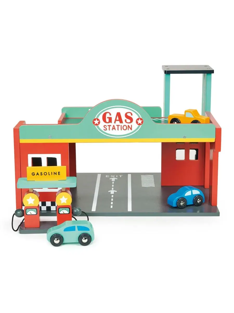 Деревянная парковка с заправкой и сервисом, с 3 машинками, Gas Station Mentari Toys — изображение 3 из 5, мульти