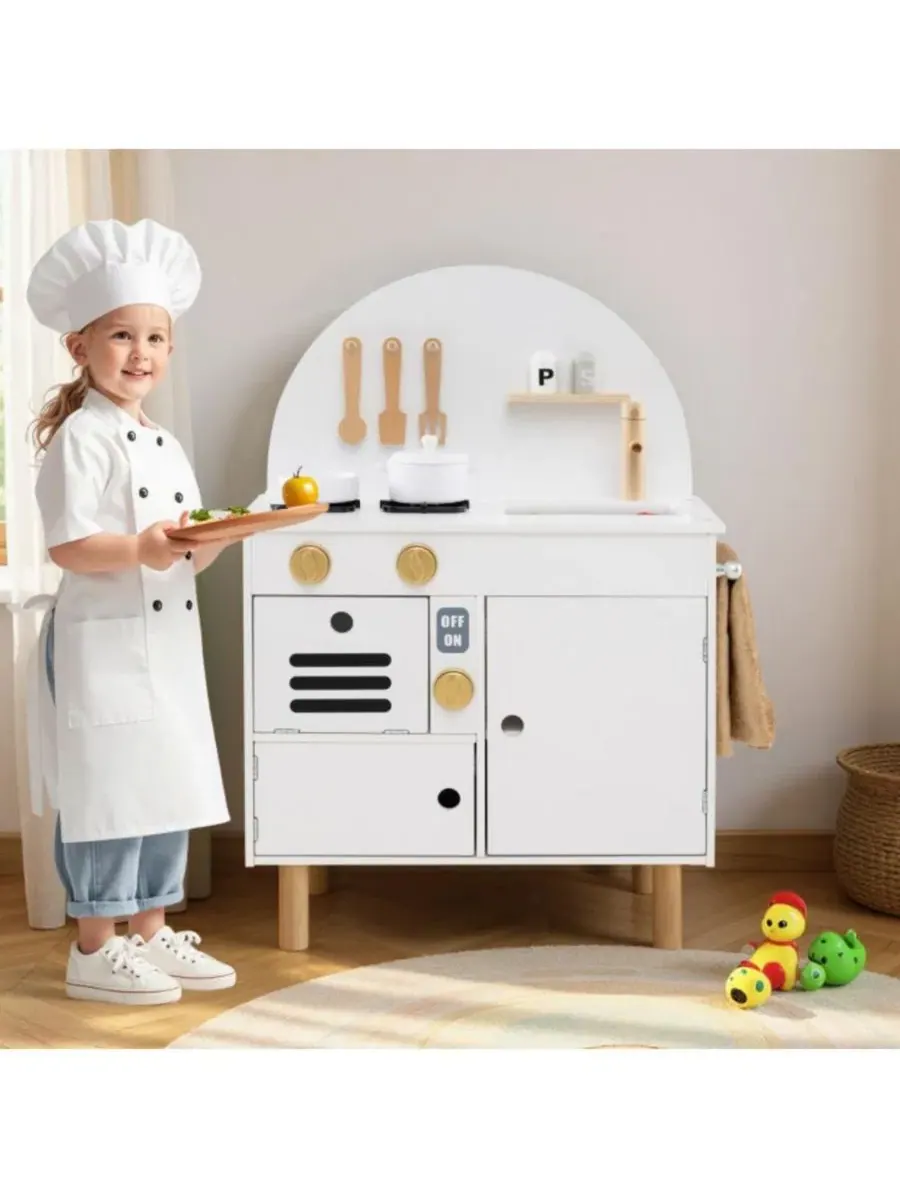 Деревянная детская игровая кухня с плитой, мойкой, микроволновой печью и духовкой Hongge — изображение 5 из 10, белый