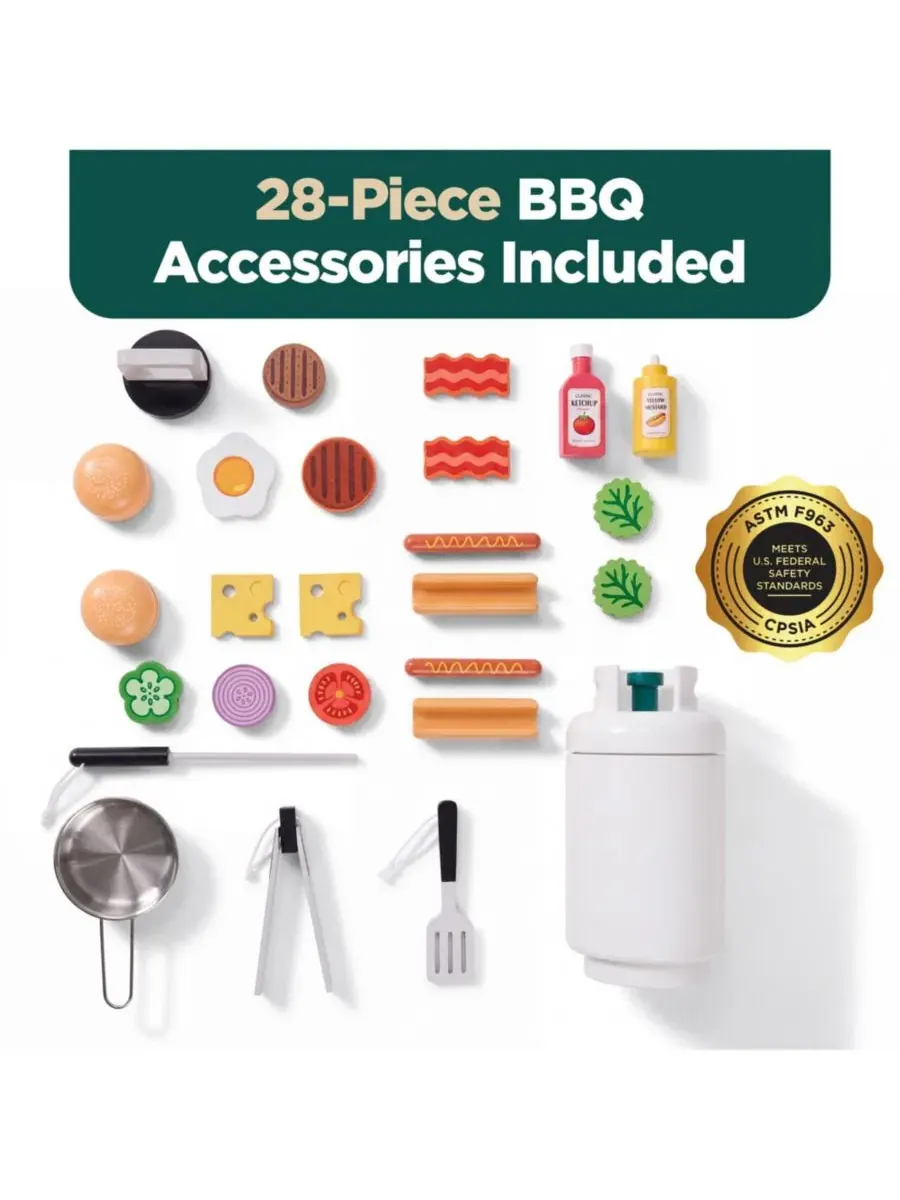 Детский деревянный игровой гриль BBQ с 28 аксессуарами — изображение 3 из 8, зеленый