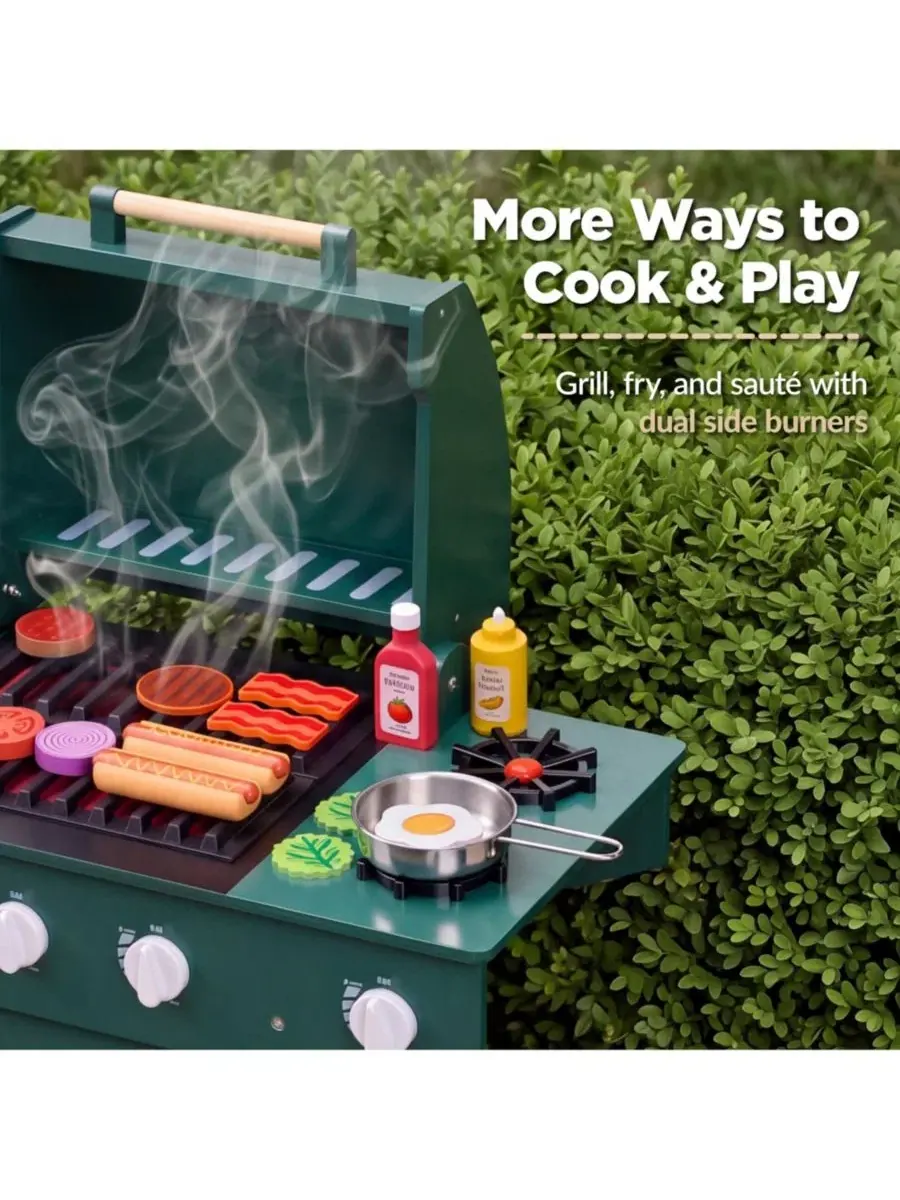 Детский деревянный игровой гриль BBQ с 28 аксессуарами — изображение 4 из 8, зеленый