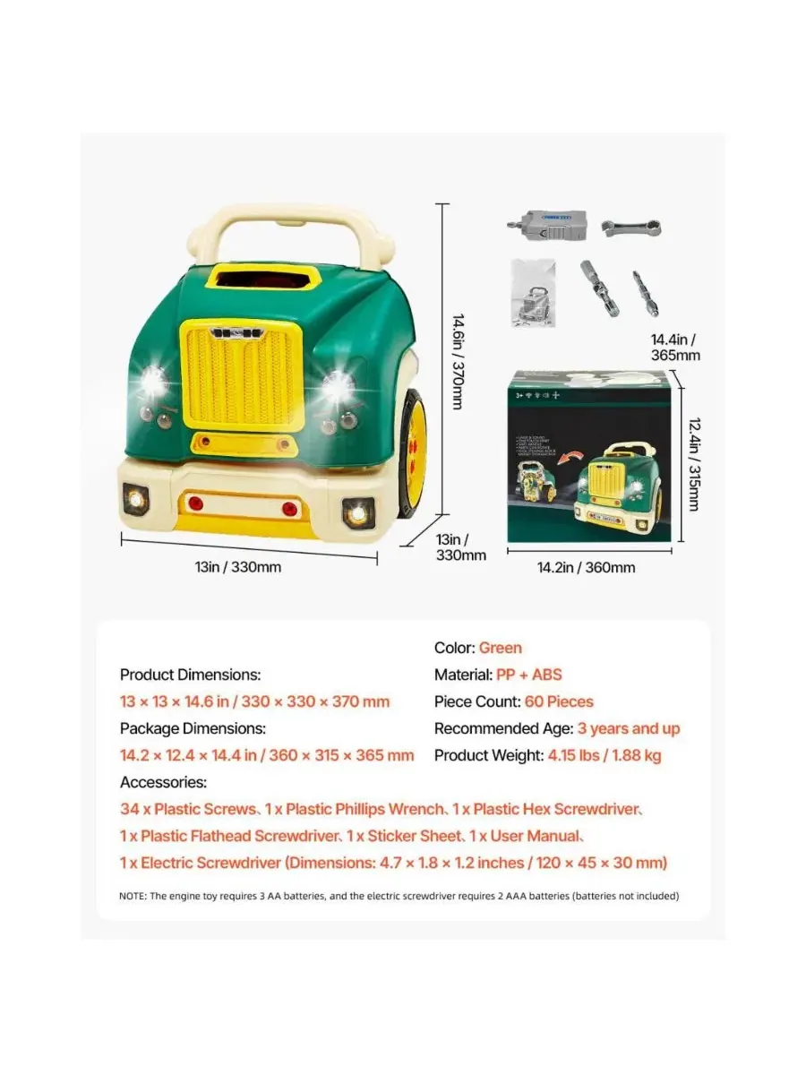 Детский игровой набор автомеханика, 60 деталей, со светом и звуком, Engine Toy Mechanic Set — изображение 3 из 10, зеленый