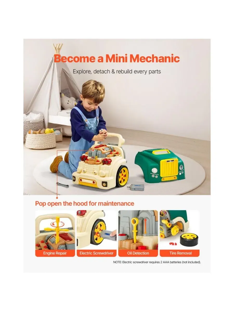 Детский игровой набор автомеханика, 60 деталей, со светом и звуком, Engine Toy Mechanic Set — изображение 8 из 10, зеленый