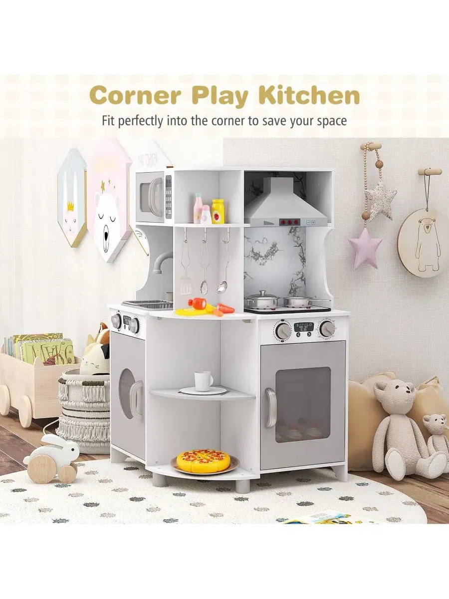 Детская деревянная игровая кухня с вытяжкой и плитой Mecale — изображение 2 из 9, серый