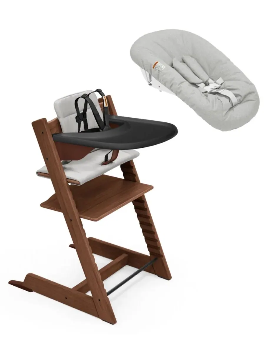 Детский стульчик для кормления Baby Tripp Trapp с подушкой, подносом и набором для новорожденных — коричневый
