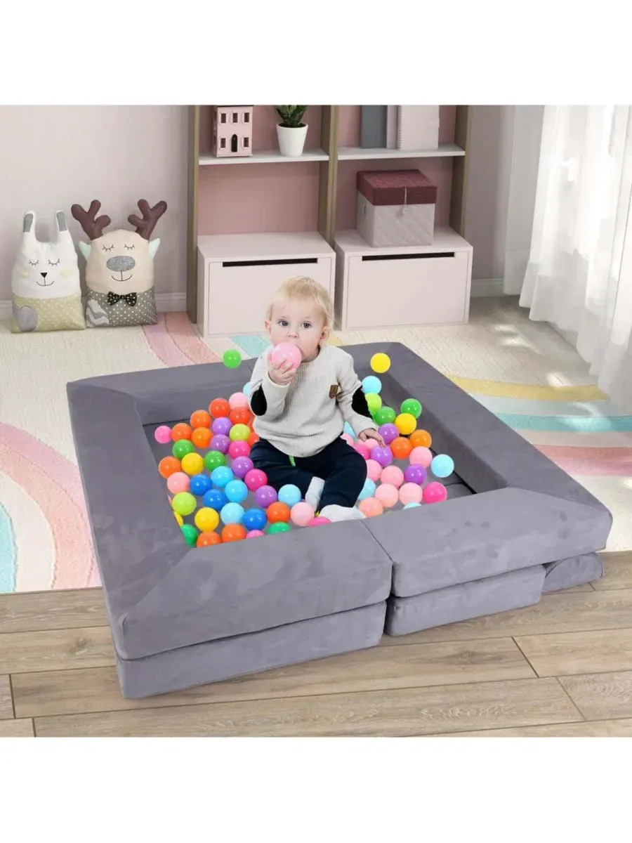 Модульный детский игровой диван-конструктор с чехлами из замши, 9 элементов Costway — изображение 4 из 10, серый