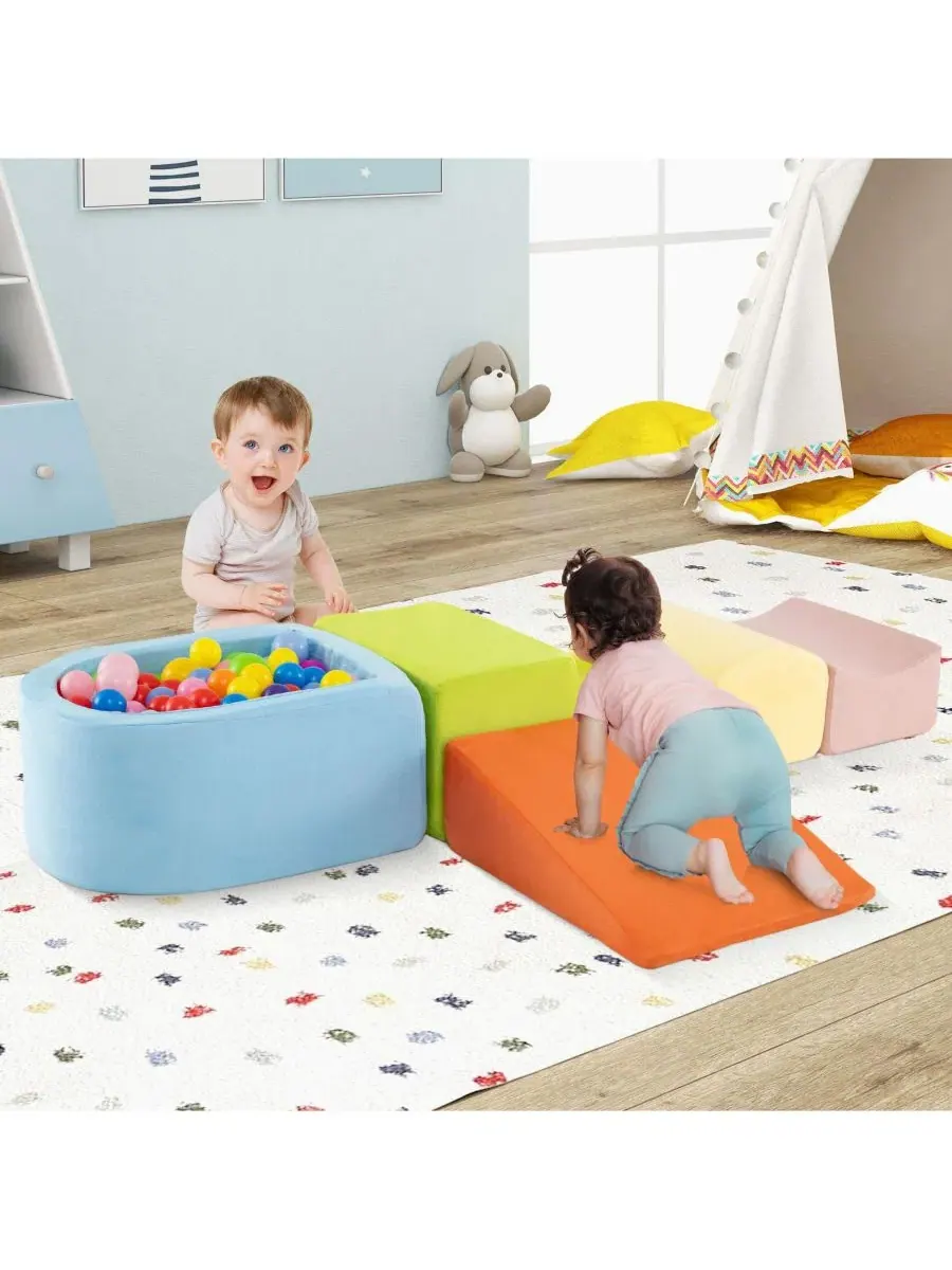 Игровой набор из 5 поролоновых модулей с горкой, ступенькой, полумесяцем, вогнутым элементом и — изображение 2 из 10, синий
