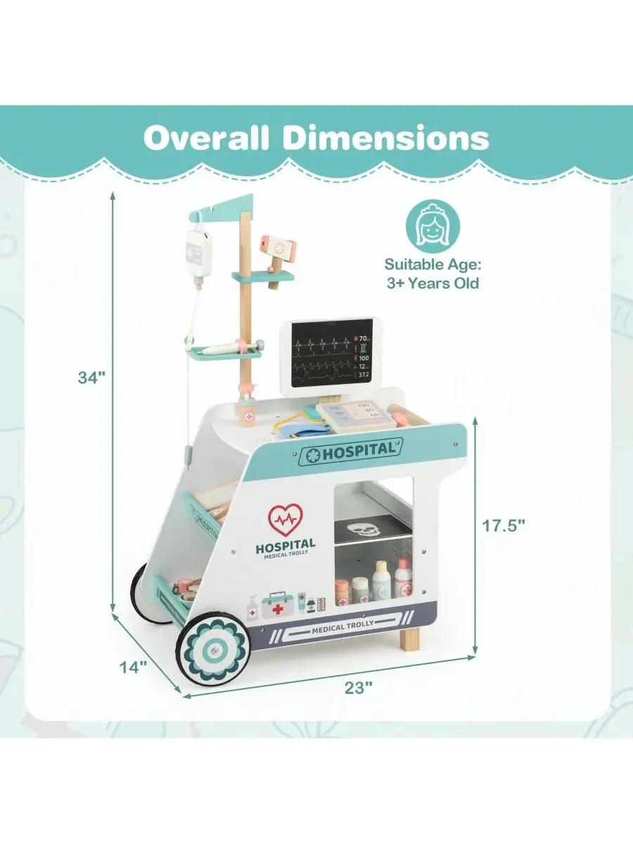 Игровой набор доктора с деревянной тележкой Slickblue — изображение 4 из 6, зеленый белый