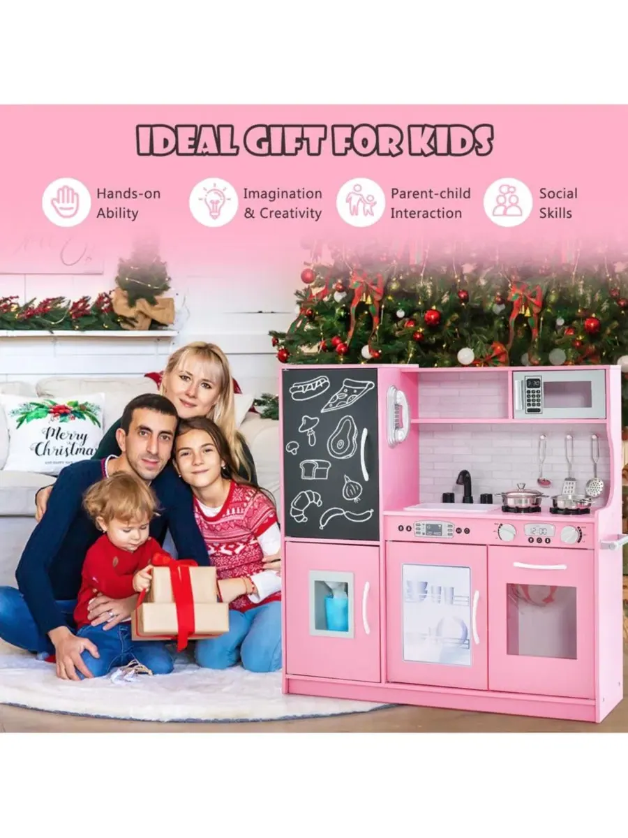 Детская ролевая игровая кухня, игровой набор для малышей с доской для рисования Costway — изображение 7 из 10, розовый