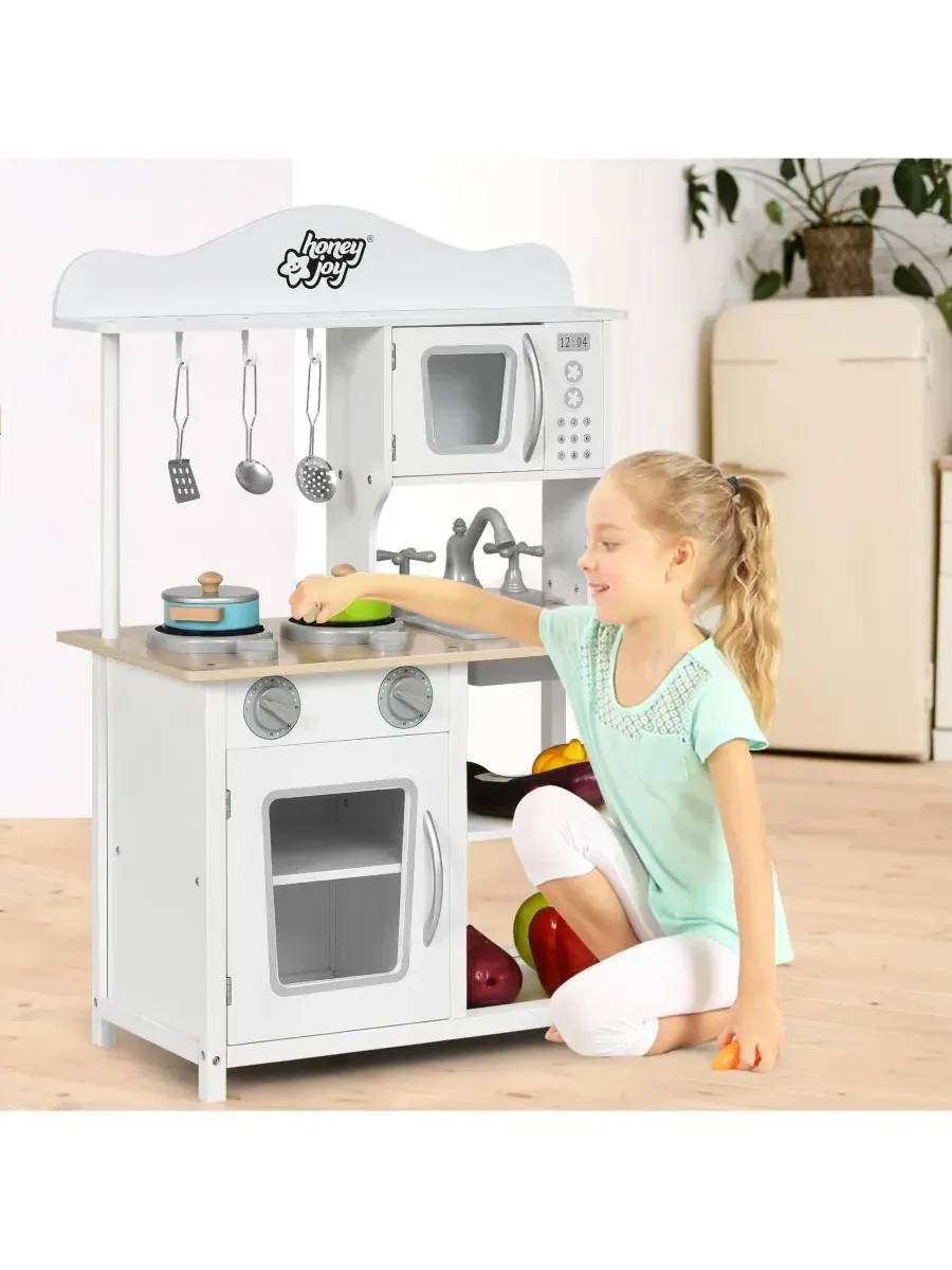 Деревянный игровой кухонный набор для малышей со звуком, светом, плитой, раковиной, шкафчиком для — изображение 10 из 11