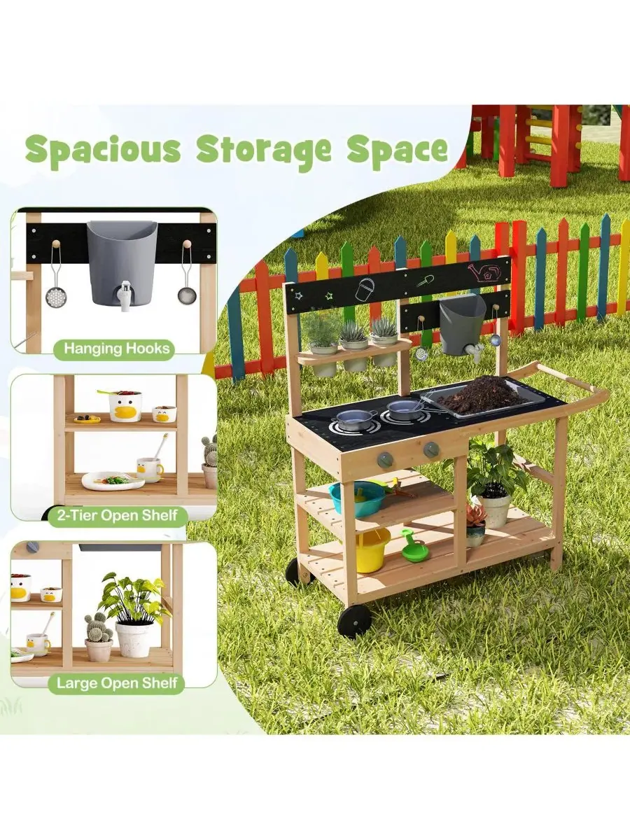 Детская кухня из еловой древесины на колесах с доской для рисования и горшками для растений Gymax — изображение 6 из 10