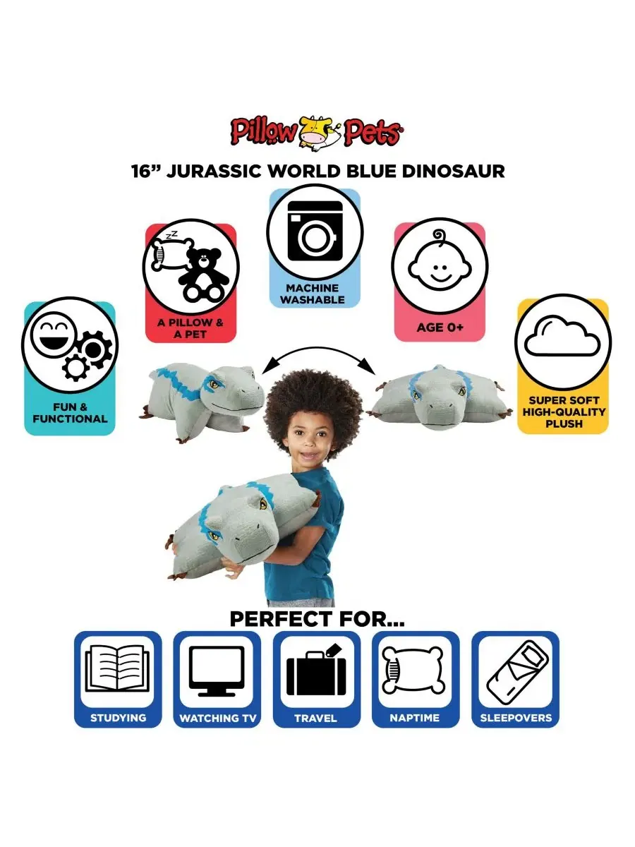 Мягкая плюшевая игрушка-подушка "Парк Юрского периода", 41 см (40 см) Pillow Pets — изображение 4 из 7, синий
