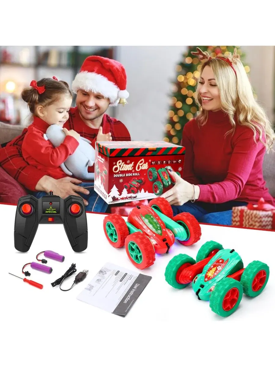 Радиоуправляемая машина для трюков Christmas Edition, 26x17x15 см, с 4 батарейками, Homfan — изображение 5 из 9, красный