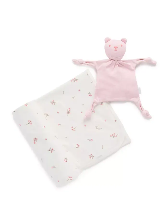 Подарочный набор для девочки: эластичная пеленка и плед Purebaby — розовый