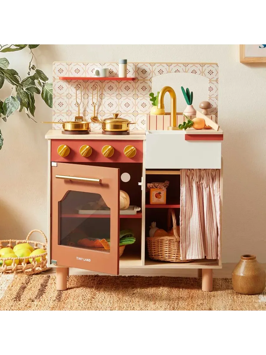 Деревянная игровая кухня для малышей - детский кухонный набор с нарезкой продуктов и посудой — коричневый