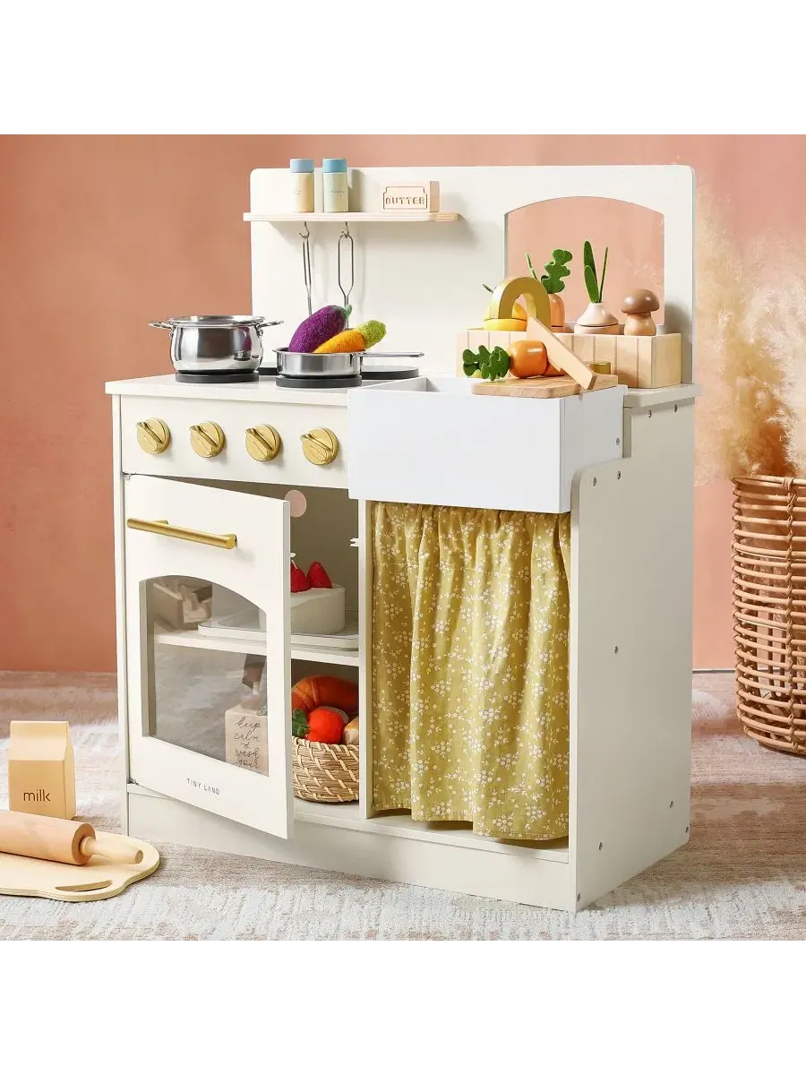 Деревянная игровая кухня для малышей - детский кухонный набор с нарезкой продуктов и посудой — изображение 2 из 11, белый