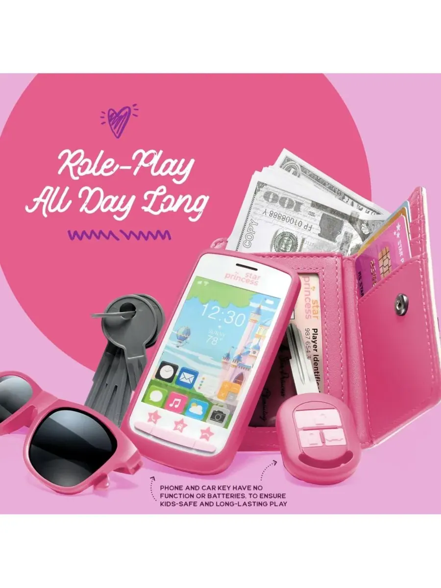 Игровой набор сумочки с аксессуарами, 18 предметов, Play Purse Pretend Phone Wallet Cards Keys — изображение 2 из 4, розовый