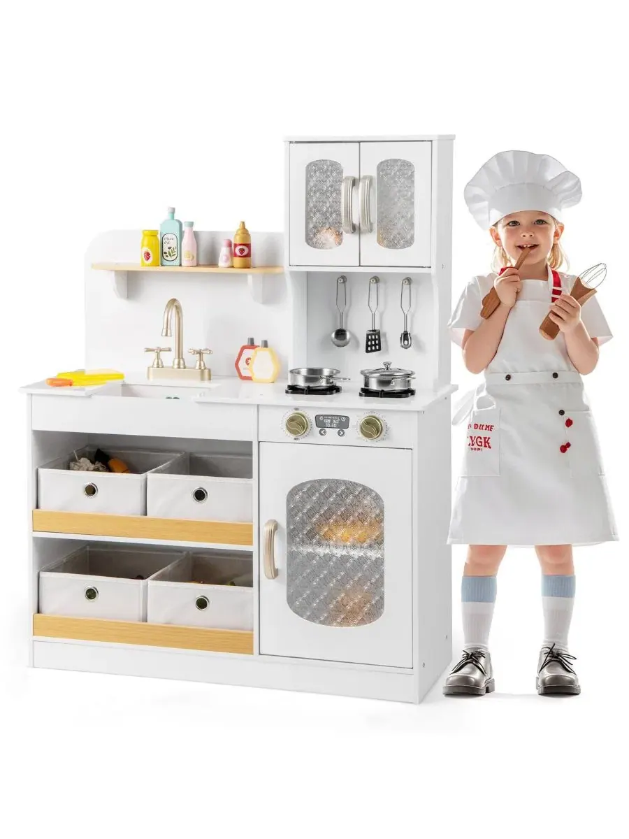 Детский кухонный игровой набор: игрушечная кухня с 4 тканевыми ящиками, плитой, духовкой и краном