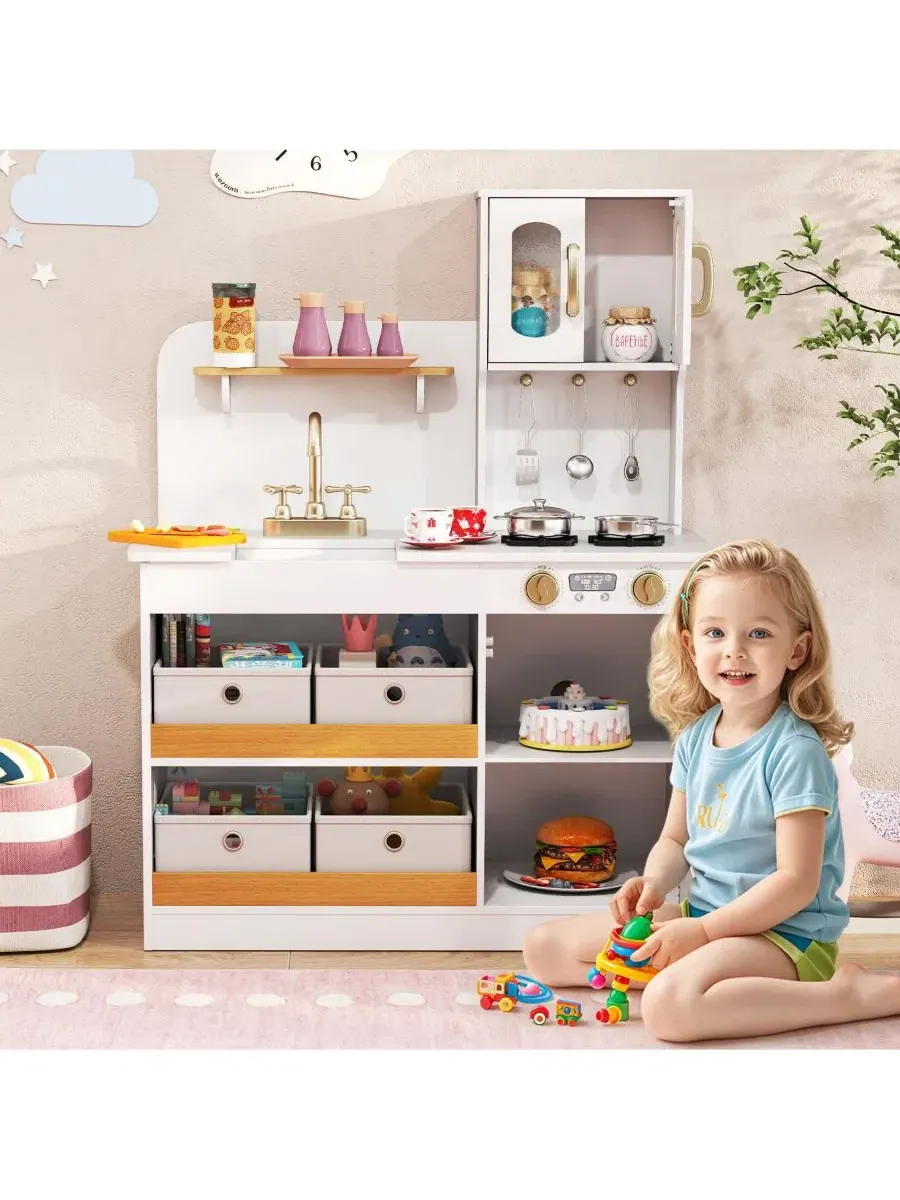 Детский кухонный игровой набор: игрушечная кухня с 4 тканевыми ящиками, плитой, духовкой и краном — изображение 2 из 10