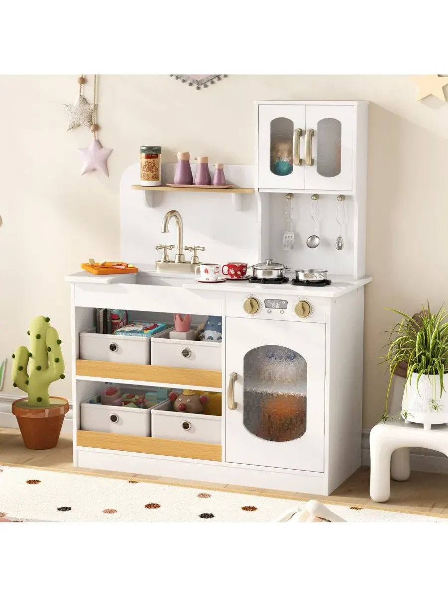 Детский кухонный игровой набор: игрушечная кухня с 4 тканевыми ящиками, плитой, духовкой и краном — изображение 4 из 10